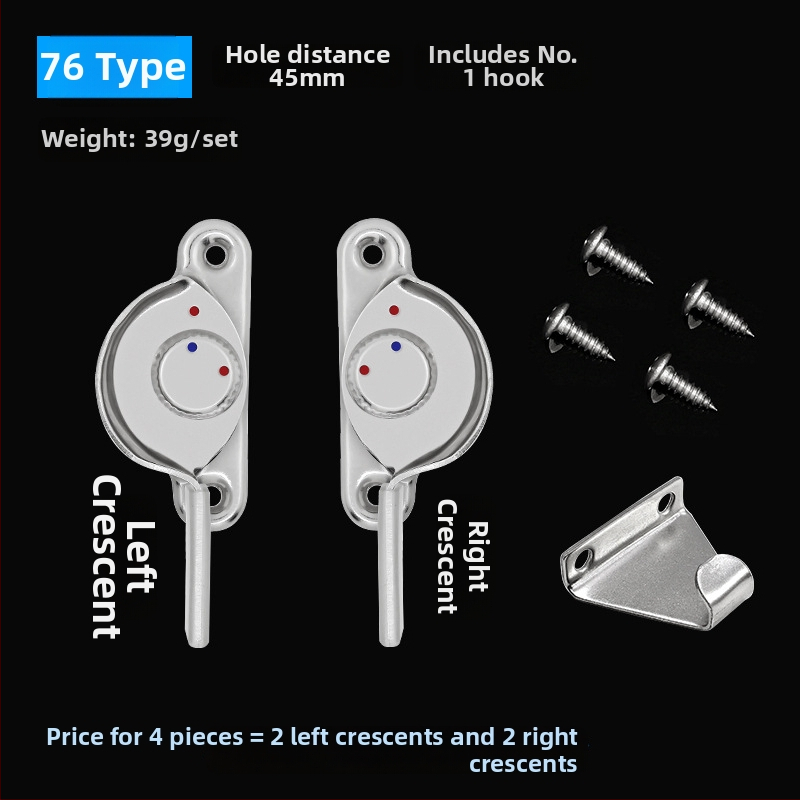 4‑kus Crescent okenný zámok set – ľavý/pravý Crescent, Monlech Stainless steel safety crescent lock s puzdrom z nehrdzavejúcej ocele a chrómovanou základňou