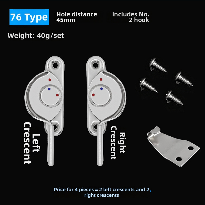 4‑kus Crescent okenný zámok set – ľavý/pravý Crescent, Monlech Stainless steel safety crescent lock s puzdrom z nehrdzavejúcej ocele a chrómovanou základňou