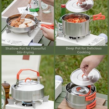 Комплект за къмпинг кухненски съдове от 304 неръждаема стомана, включва преносим воден котел и тиган, Модел 985