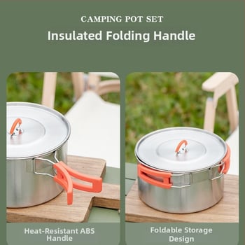 Комплект за къмпинг кухненски съдове от 304 неръждаема стомана, включва преносим воден котел и тиган, Модел 985