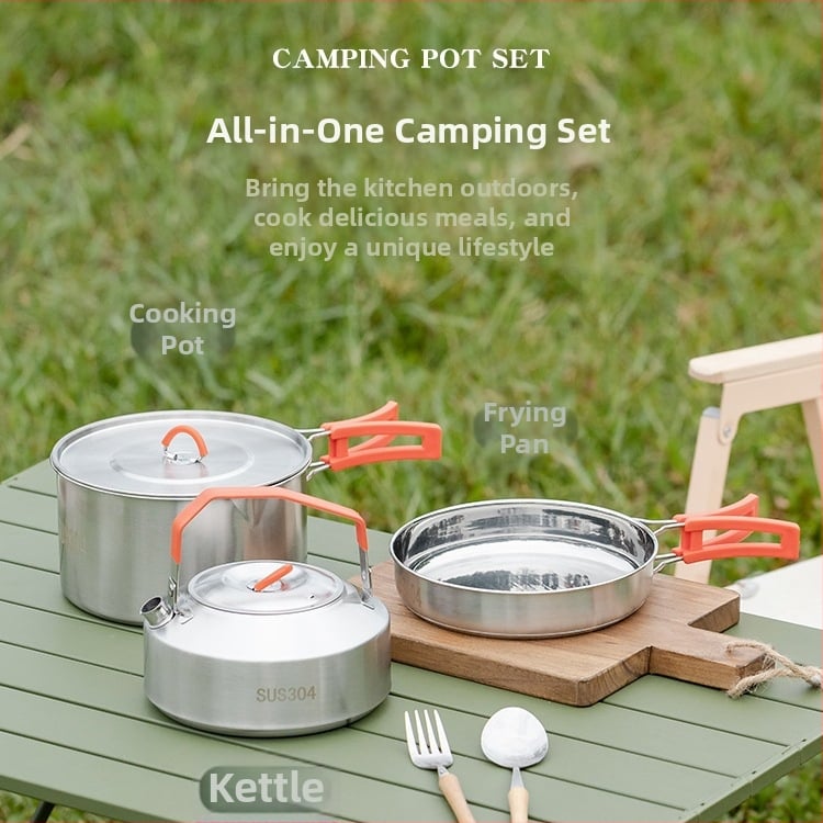 Комплект за къмпинг кухненски съдове от 304 неръждаема стомана, включва преносим воден котел и тиган, Модел 985