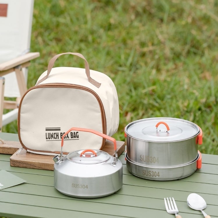 Комплект за къмпинг кухненски съдове от 304 неръждаема стомана, включва преносим воден котел и тиган, Модел 985