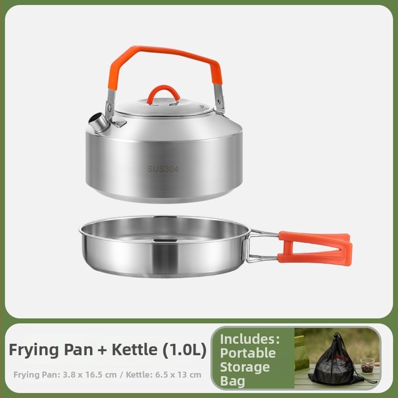 Комплект за къмпинг кухненски съдове от 304 неръждаема стомана, включва преносим воден котел и тиган, Модел 985