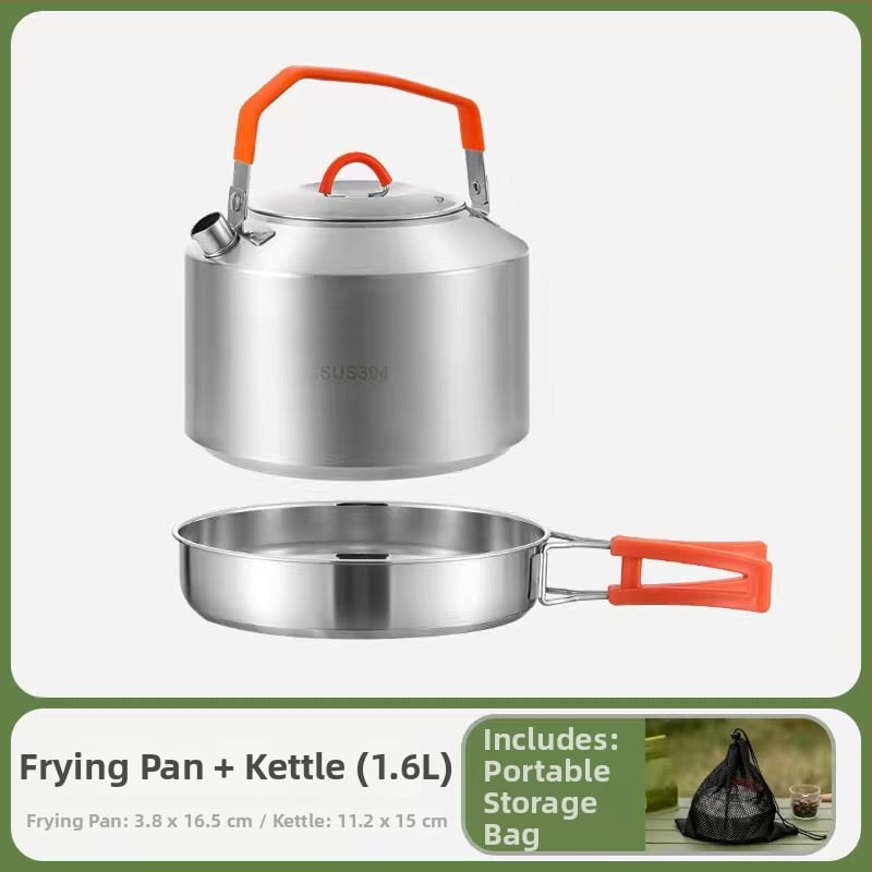 Комплект за къмпинг кухненски съдове от 304 неръждаема стомана, включва преносим воден котел и тиган, Модел 985