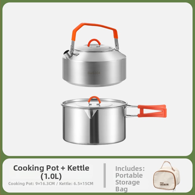 Комплект за къмпинг кухненски съдове от 304 неръждаема стомана, включва преносим воден котел и тиган, Модел 985