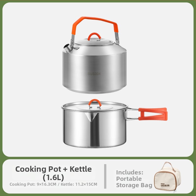 Комплект за къмпинг кухненски съдове от 304 неръждаема стомана, включва преносим воден котел и тиган, Модел 985