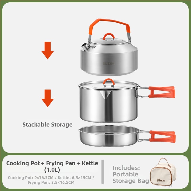 Комплект за къмпинг кухненски съдове от 304 неръждаема стомана, включва преносим воден котел и тиган, Модел 985