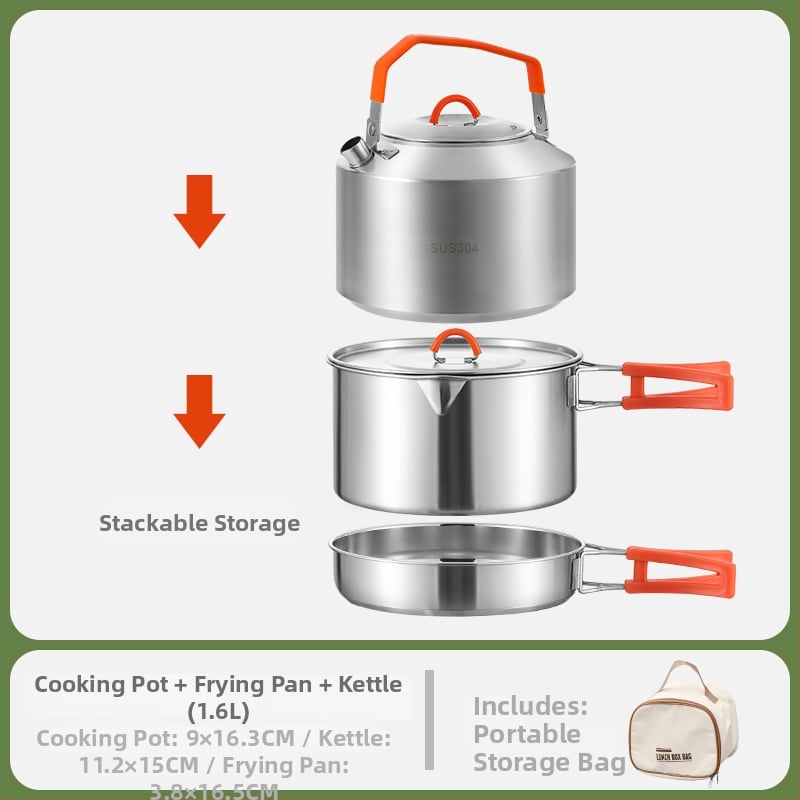 Комплект за къмпинг кухненски съдове от 304 неръждаема стомана, включва преносим воден котел и тиган, Модел 985