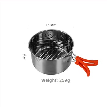 Комплект съдове за къмпинг от неръждаема стомана – преносим с сгъваема система за съхранение, включва тенджера, чайник, чаша, купа и тиган; за 1–2 души; тегло 600 г