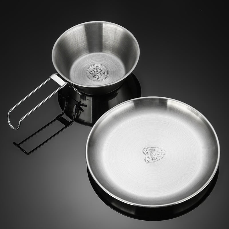 Комплект съдове за къмпинг от неръждаема стомана – преносим с сгъваема система за съхранение, включва тенджера, чайник, чаша, купа и тиган; за 1–2 души; тегло 600 г