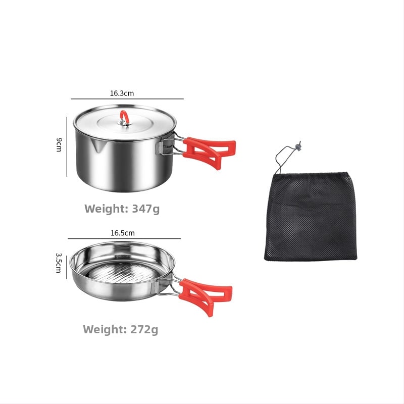 Комплект съдове за къмпинг от неръждаема стомана – преносим с сгъваема система за съхранение, включва тенджера, чайник, чаша, купа и тиган; за 1–2 души; тегло 600 г