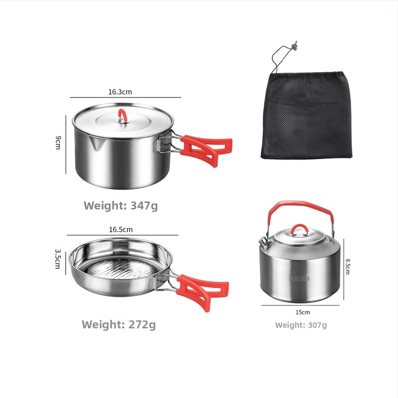 Комплект съдове за къмпинг от неръждаема стомана – преносим с сгъваема система за съхранение, включва тенджера, чайник, чаша, купа и тиган; за 1–2 души; тегло 600 г