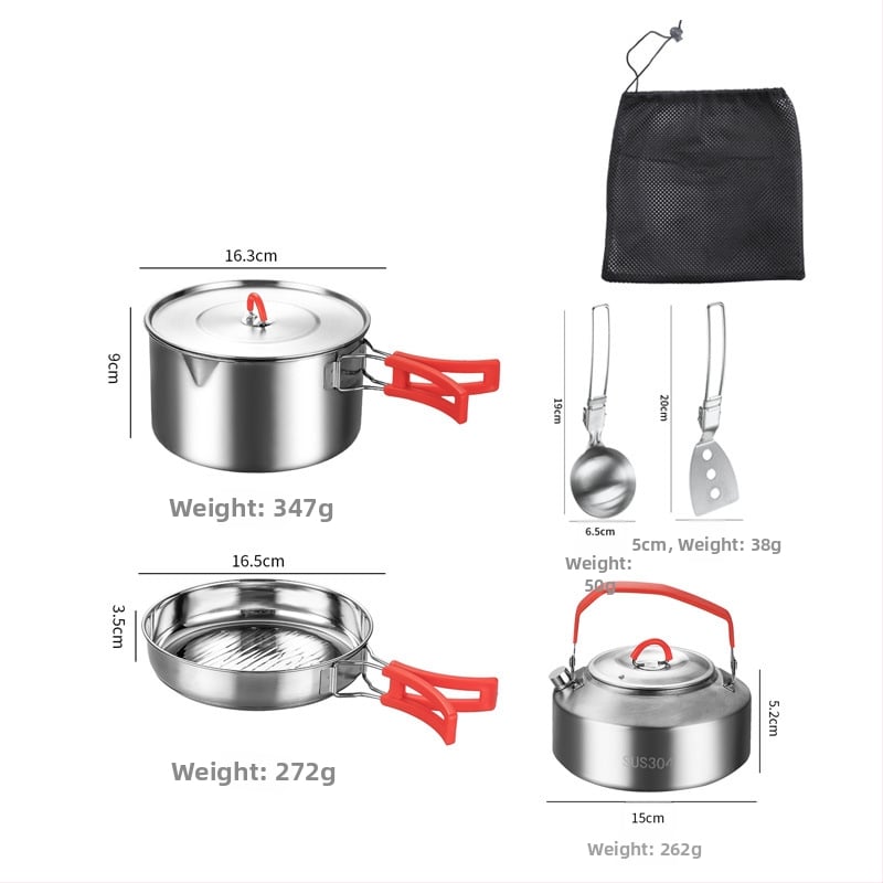 Комплект съдове за къмпинг от неръждаема стомана – преносим с сгъваема система за съхранение, включва тенджера, чайник, чаша, купа и тиган; за 1–2 души; тегло 600 г