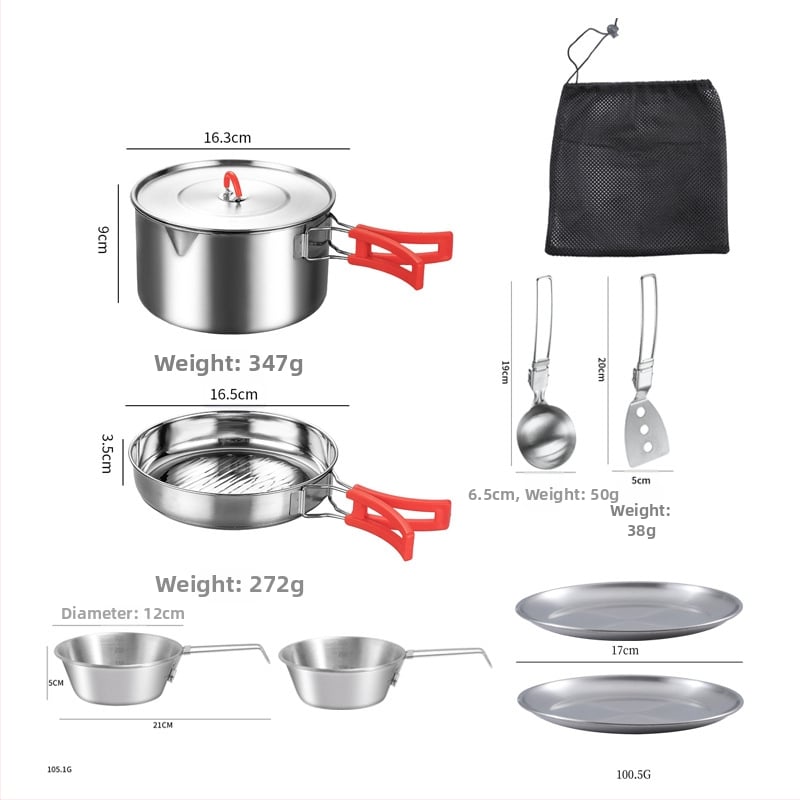 Комплект съдове за къмпинг от неръждаема стомана – преносим с сгъваема система за съхранение, включва тенджера, чайник, чаша, купа и тиган; за 1–2 души; тегло 600 г