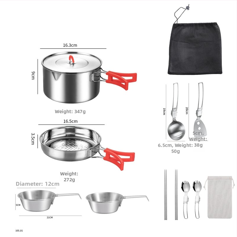 Комплект съдове за къмпинг от неръждаема стомана – преносим с сгъваема система за съхранение, включва тенджера, чайник, чаша, купа и тиган; за 1–2 души; тегло 600 г