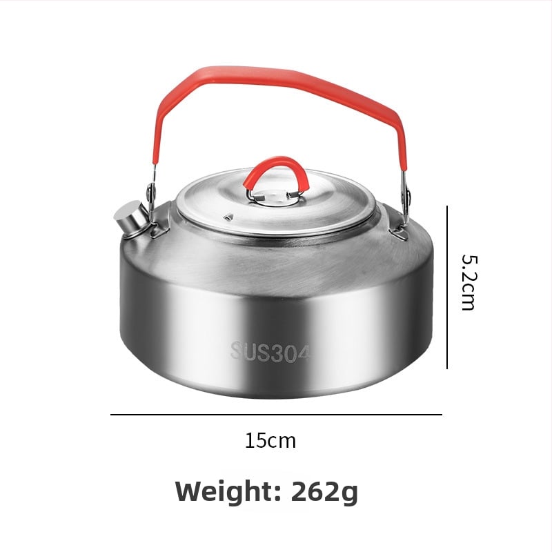 Комплект съдове за къмпинг от неръждаема стомана – преносим с сгъваема система за съхранение, включва тенджера, чайник, чаша, купа и тиган; за 1–2 души; тегло 600 г