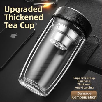 Διπλό τοίχωμα γυάλινο ποτήρι νερού από γυαλί υψηλής θερμοαντοχής με καπάκι και σουρωτήρι, ευφυής ένδειξη θερμοκρασίας, εκτυπωμένο λογότυπο, εταιρικό δώρο