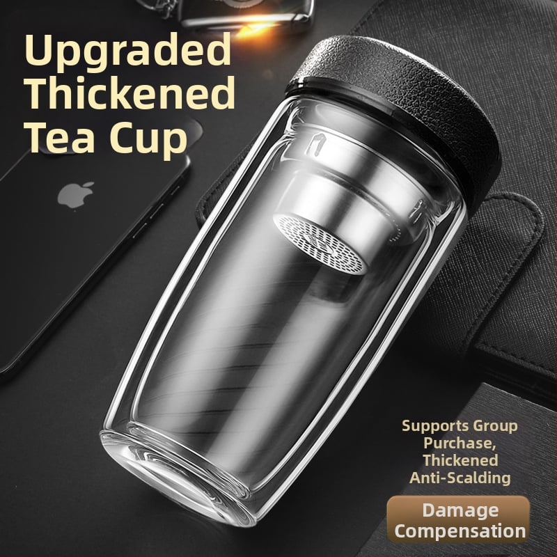 Διπλό τοίχωμα γυάλινο ποτήρι νερού από γυαλί υψηλής θερμοαντοχής με καπάκι και σουρωτήρι, ευφυής ένδειξη θερμοκρασίας, εκτυπωμένο λογότυπο, εταιρικό δώρο