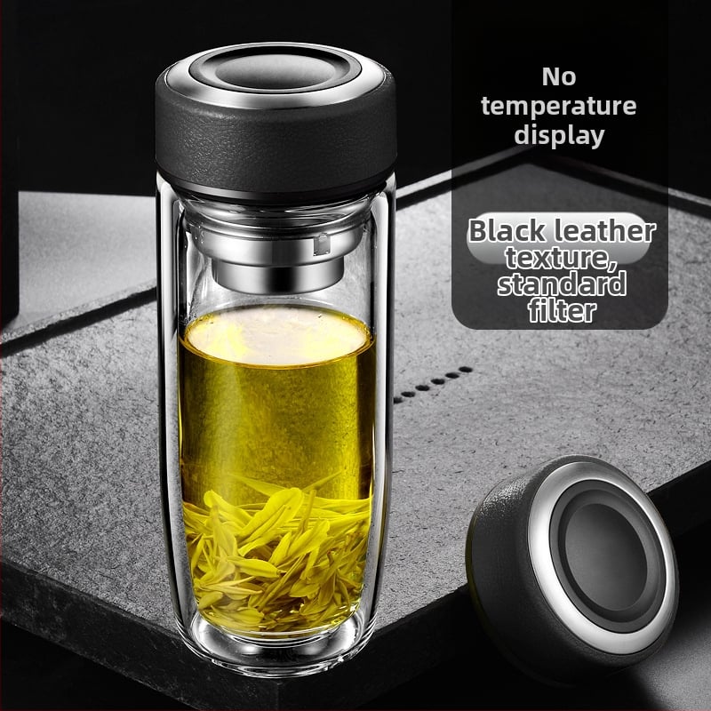 Διπλό τοίχωμα γυάλινο ποτήρι νερού από γυαλί υψηλής θερμοαντοχής με καπάκι και σουρωτήρι, ευφυής ένδειξη θερμοκρασίας, εκτυπωμένο λογότυπο, εταιρικό δώρο