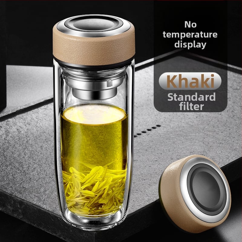 Διπλό τοίχωμα γυάλινο ποτήρι νερού από γυαλί υψηλής θερμοαντοχής με καπάκι και σουρωτήρι, ευφυής ένδειξη θερμοκρασίας, εκτυπωμένο λογότυπο, εταιρικό δώρο