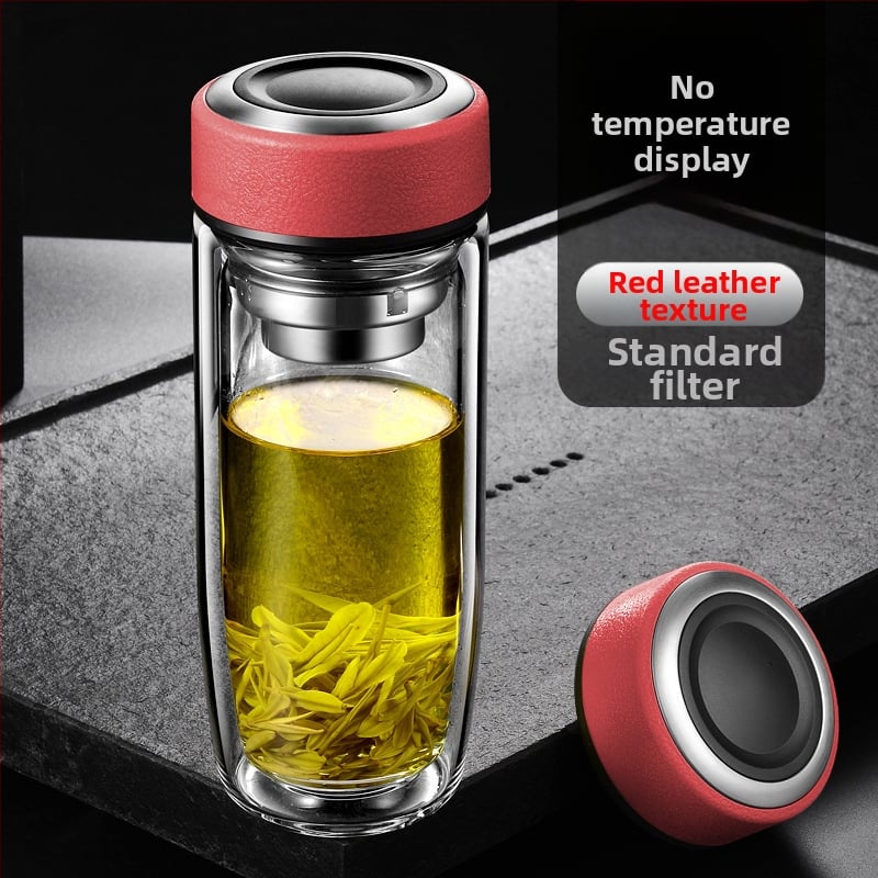 Διπλό τοίχωμα γυάλινο ποτήρι νερού από γυαλί υψηλής θερμοαντοχής με καπάκι και σουρωτήρι, ευφυής ένδειξη θερμοκρασίας, εκτυπωμένο λογότυπο, εταιρικό δώρο