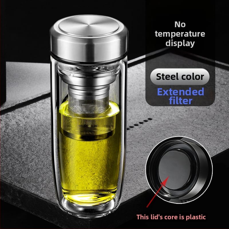 Διπλό τοίχωμα γυάλινο ποτήρι νερού από γυαλί υψηλής θερμοαντοχής με καπάκι και σουρωτήρι, ευφυής ένδειξη θερμοκρασίας, εκτυπωμένο λογότυπο, εταιρικό δώρο