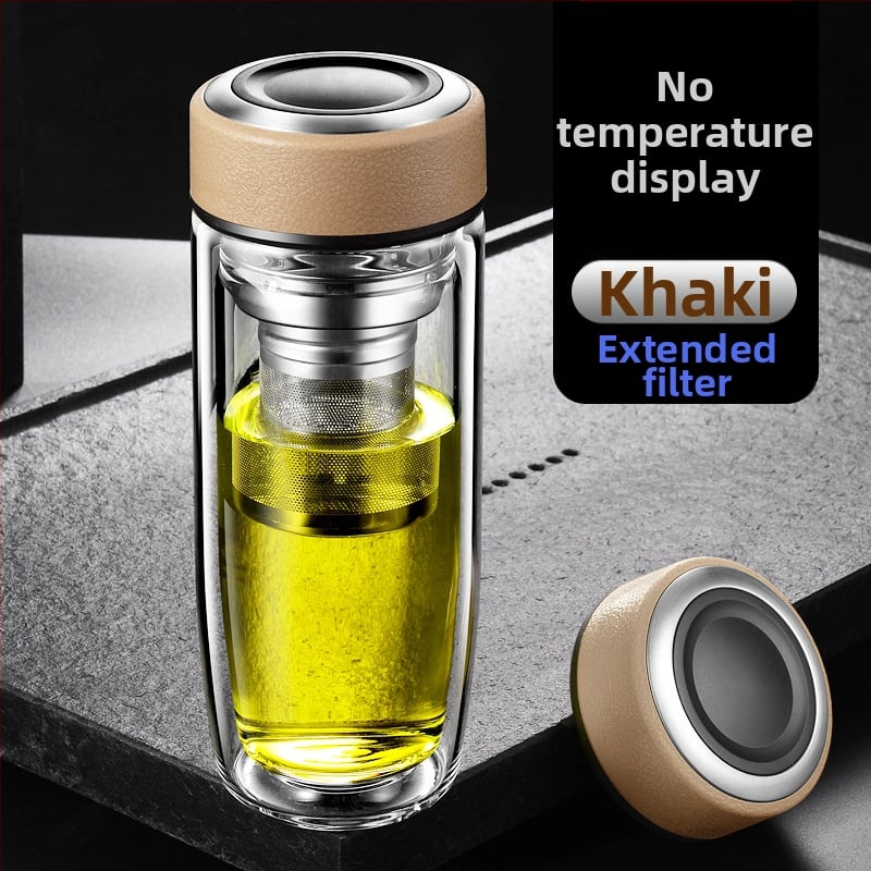 Διπλό τοίχωμα γυάλινο ποτήρι νερού από γυαλί υψηλής θερμοαντοχής με καπάκι και σουρωτήρι, ευφυής ένδειξη θερμοκρασίας, εκτυπωμένο λογότυπο, εταιρικό δώρο