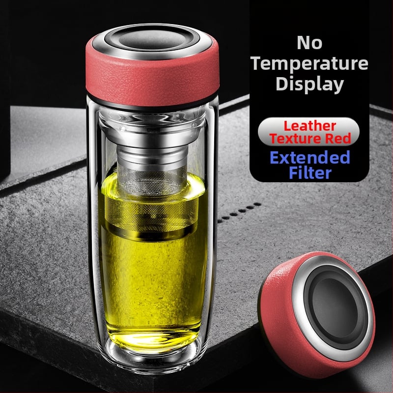 Διπλό τοίχωμα γυάλινο ποτήρι νερού από γυαλί υψηλής θερμοαντοχής με καπάκι και σουρωτήρι, ευφυής ένδειξη θερμοκρασίας, εκτυπωμένο λογότυπο, εταιρικό δώρο