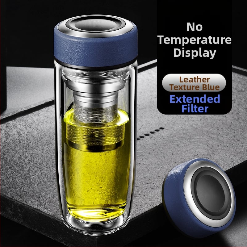 Διπλό τοίχωμα γυάλινο ποτήρι νερού από γυαλί υψηλής θερμοαντοχής με καπάκι και σουρωτήρι, ευφυής ένδειξη θερμοκρασίας, εκτυπωμένο λογότυπο, εταιρικό δώρο