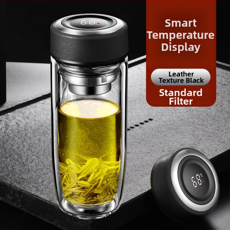 Διπλό τοίχωμα γυάλινο ποτήρι νερού από γυαλί υψηλής θερμοαντοχής με καπάκι και σουρωτήρι, ευφυής ένδειξη θερμοκρασίας, εκτυπωμένο λογότυπο, εταιρικό δώρο