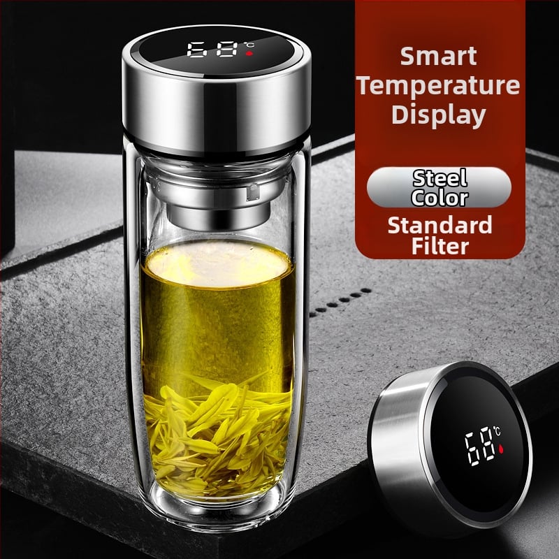 Διπλό τοίχωμα γυάλινο ποτήρι νερού από γυαλί υψηλής θερμοαντοχής με καπάκι και σουρωτήρι, ευφυής ένδειξη θερμοκρασίας, εκτυπωμένο λογότυπο, εταιρικό δώρο