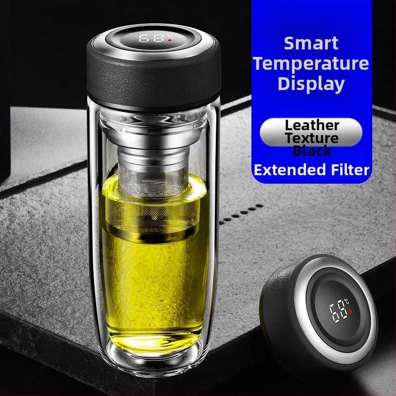 Διπλό τοίχωμα γυάλινο ποτήρι νερού από γυαλί υψηλής θερμοαντοχής με καπάκι και σουρωτήρι, ευφυής ένδειξη θερμοκρασίας, εκτυπωμένο λογότυπο, εταιρικό δώρο