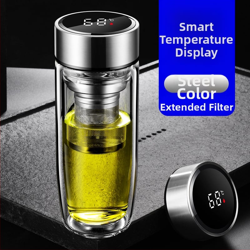 Διπλό τοίχωμα γυάλινο ποτήρι νερού από γυαλί υψηλής θερμοαντοχής με καπάκι και σουρωτήρι, ευφυής ένδειξη θερμοκρασίας, εκτυπωμένο λογότυπο, εταιρικό δώρο