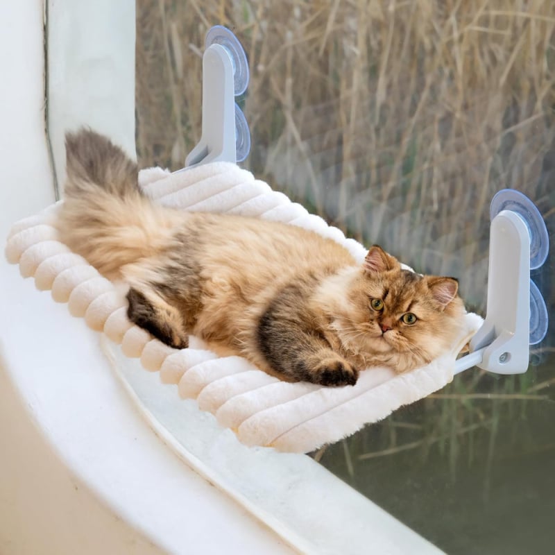 Hamac pliabil din pluș pentru pisici, pentru fereastră – ventuze puternice pentru agățare, utilizare în interior, pentru pisici, sezoane iarnă/primăvară/toamnă