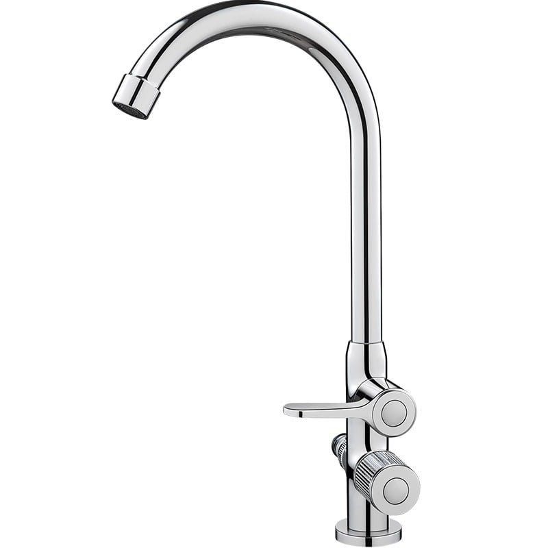 Kültéri anti-fagyasztó vízcsap mosdó/pult melletti mosogatóhoz, réz kivitel, 360°-os forgó keverő, kerámiadiszka szeleppel, hosszított anyás modell, 0–99°C