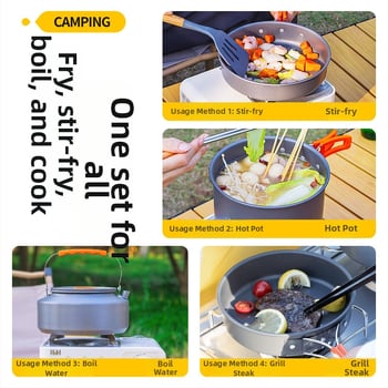 Портативен комплект къмпинг съдове за готвене – алуминиева сплав, Tuocun, за 1–2 души, тегло 1,0 кг