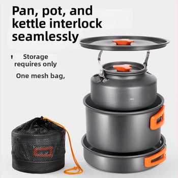 Портативен комплект къмпинг съдове за готвене – алуминиева сплав, Tuocun, за 1–2 души, тегло 1,0 кг