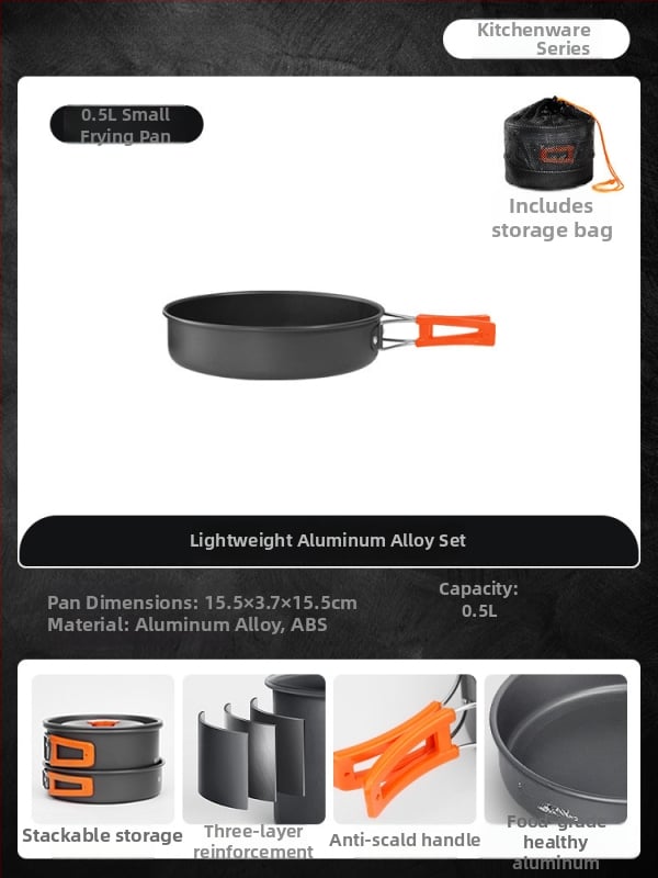 Портативен комплект къмпинг съдове за готвене – алуминиева сплав, Tuocun, за 1–2 души, тегло 1,0 кг