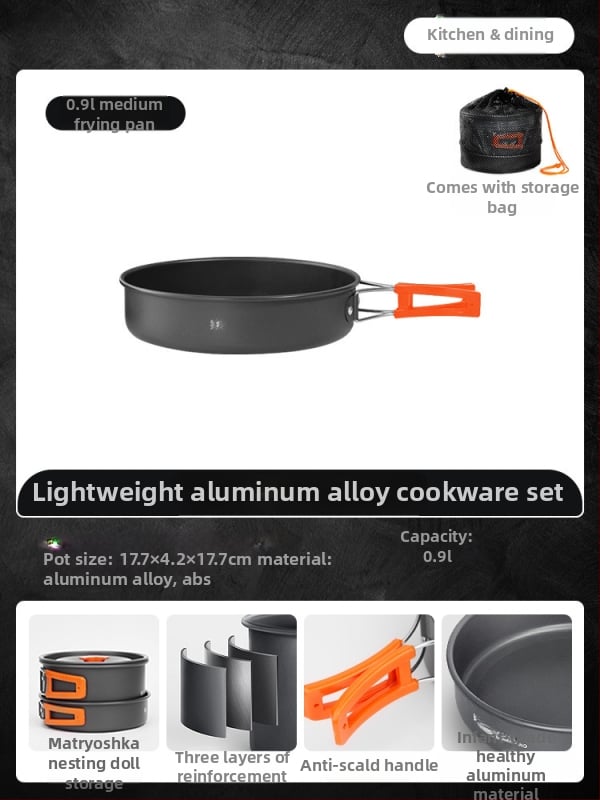 Портативен комплект къмпинг съдове за готвене – алуминиева сплав, Tuocun, за 1–2 души, тегло 1,0 кг