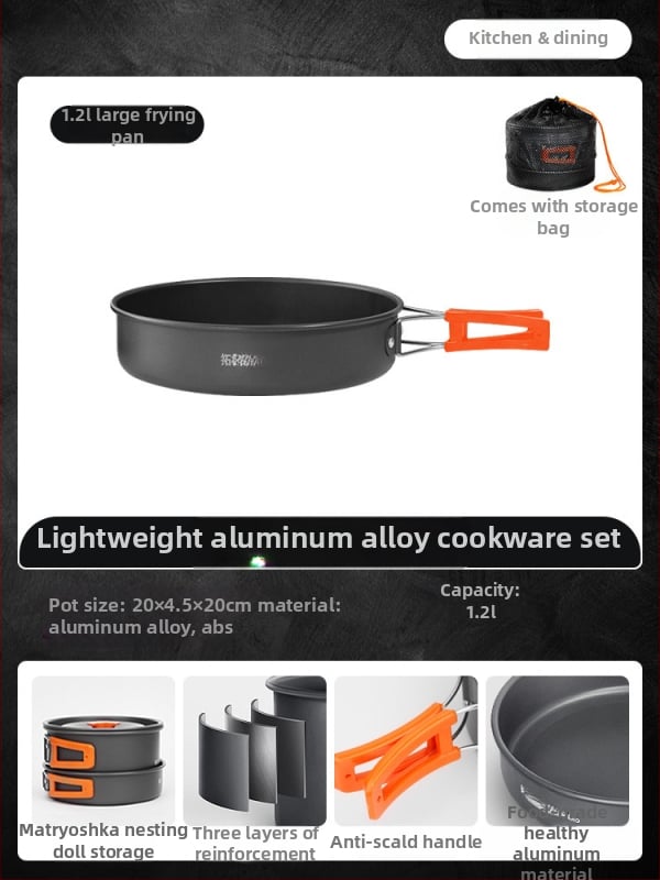 Портативен комплект къмпинг съдове за готвене – алуминиева сплав, Tuocun, за 1–2 души, тегло 1,0 кг