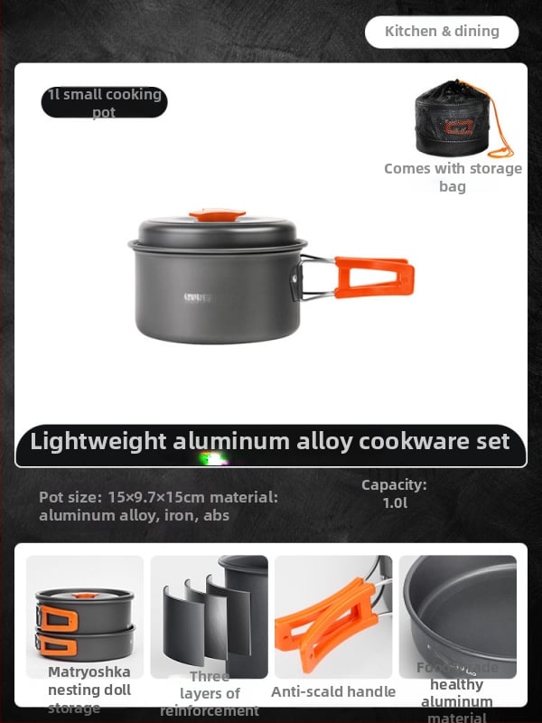 Портативен комплект къмпинг съдове за готвене – алуминиева сплав, Tuocun, за 1–2 души, тегло 1,0 кг