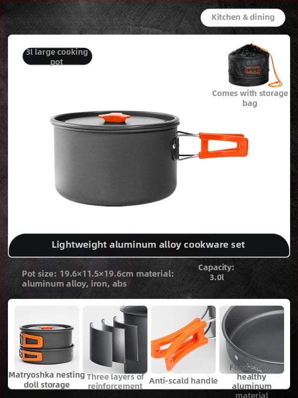 Портативен комплект къмпинг съдове за готвене – алуминиева сплав, Tuocun, за 1–2 души, тегло 1,0 кг