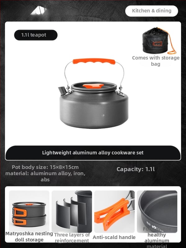 Портативен комплект къмпинг съдове за готвене – алуминиева сплав, Tuocun, за 1–2 души, тегло 1,0 кг