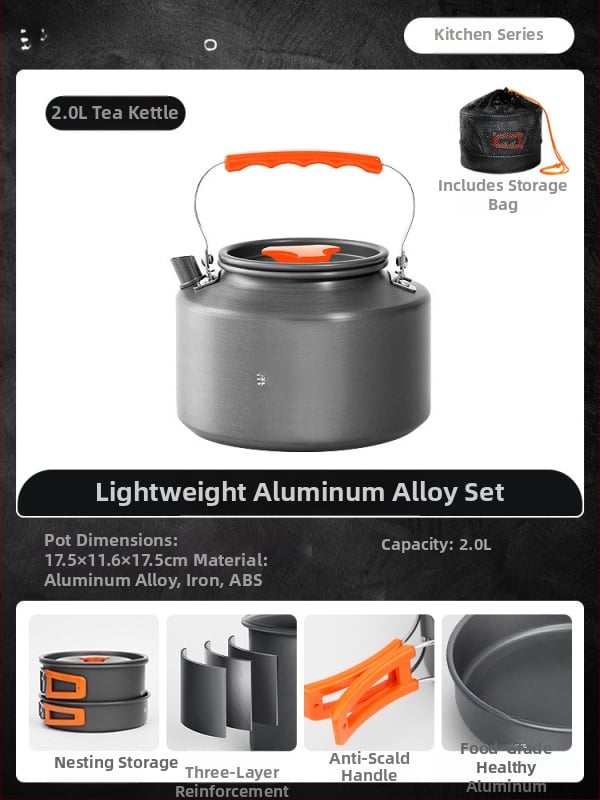 Портативен комплект къмпинг съдове за готвене – алуминиева сплав, Tuocun, за 1–2 души, тегло 1,0 кг