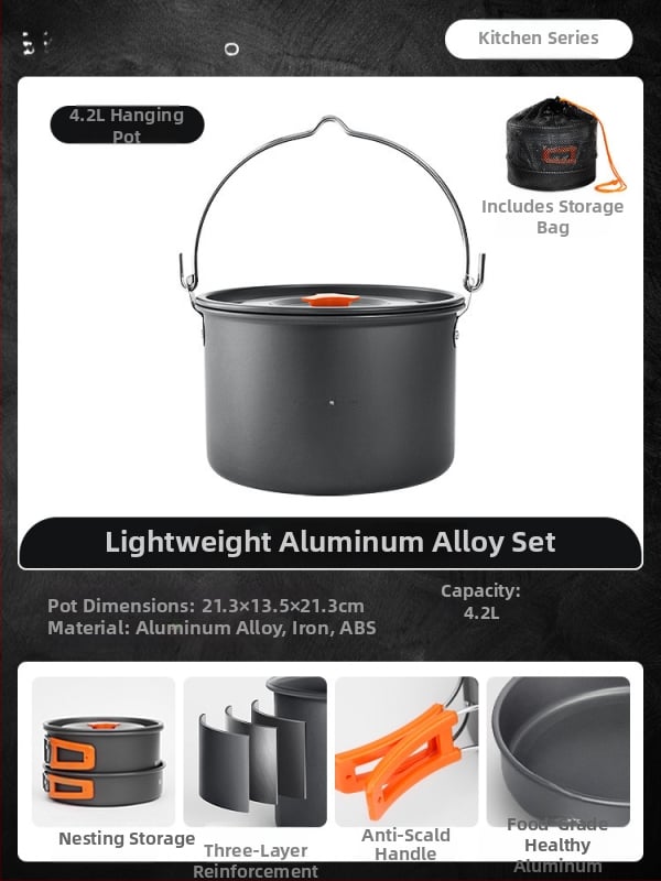 Портативен комплект къмпинг съдове за готвене – алуминиева сплав, Tuocun, за 1–2 души, тегло 1,0 кг