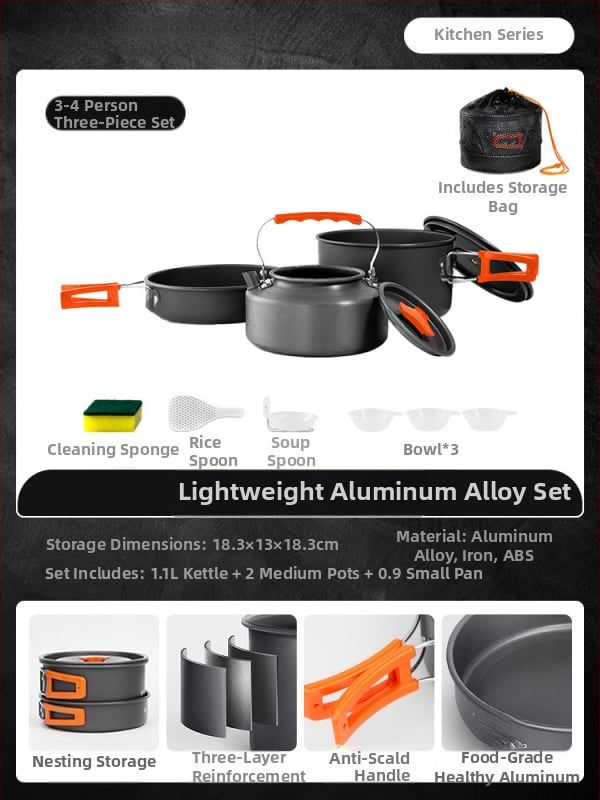 Портативен комплект къмпинг съдове за готвене – алуминиева сплав, Tuocun, за 1–2 души, тегло 1,0 кг