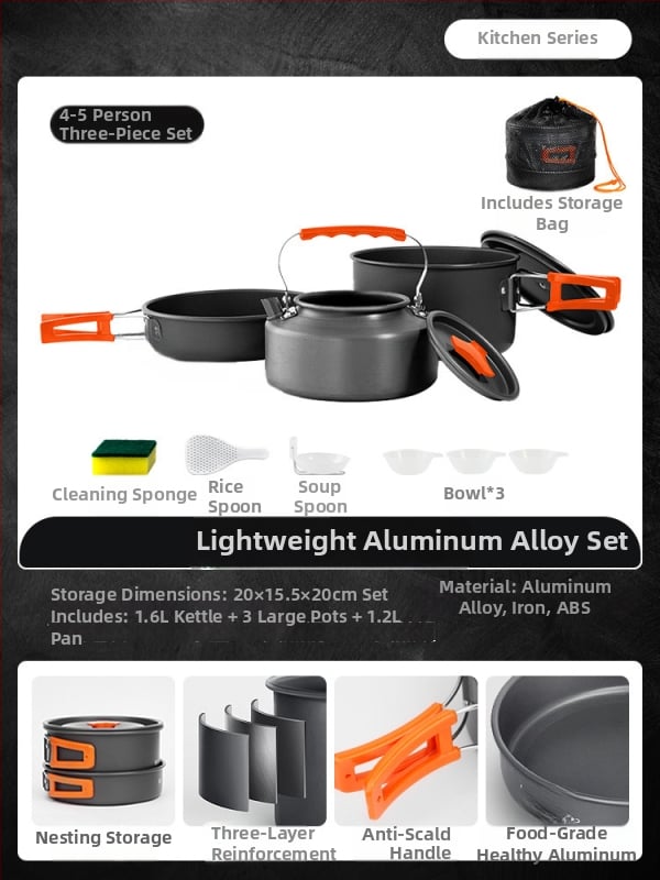 Портативен комплект къмпинг съдове за готвене – алуминиева сплав, Tuocun, за 1–2 души, тегло 1,0 кг