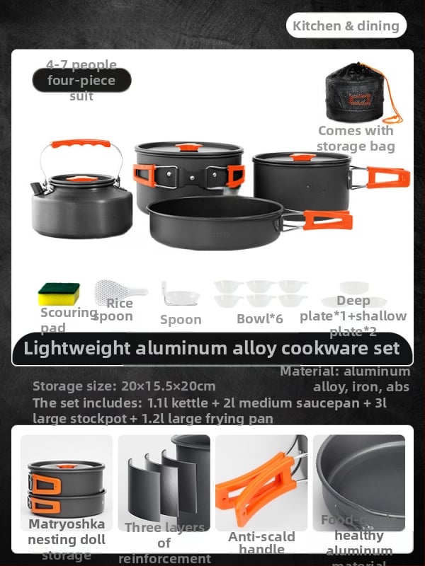 Портативен комплект къмпинг съдове за готвене – алуминиева сплав, Tuocun, за 1–2 души, тегло 1,0 кг