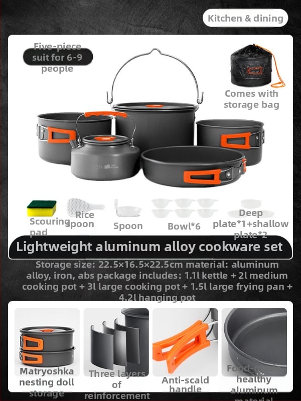 Портативен комплект къмпинг съдове за готвене – алуминиева сплав, Tuocun, за 1–2 души, тегло 1,0 кг