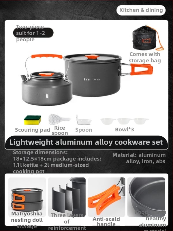 Портативен комплект къмпинг съдове за готвене – алуминиева сплав, Tuocun, за 1–2 души, тегло 1,0 кг